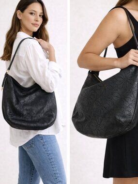 Foley + Corinna Black Floral Leather Perforated Hobo Shoulder Bag 38137